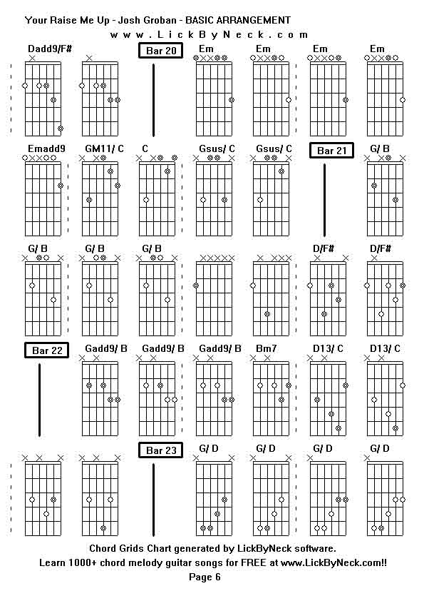 Chord Grids Chart of chord melody fingerstyle guitar song-Your Raise Me Up - Josh Groban - BASIC ARRANGEMENT,generated by LickByNeck software.